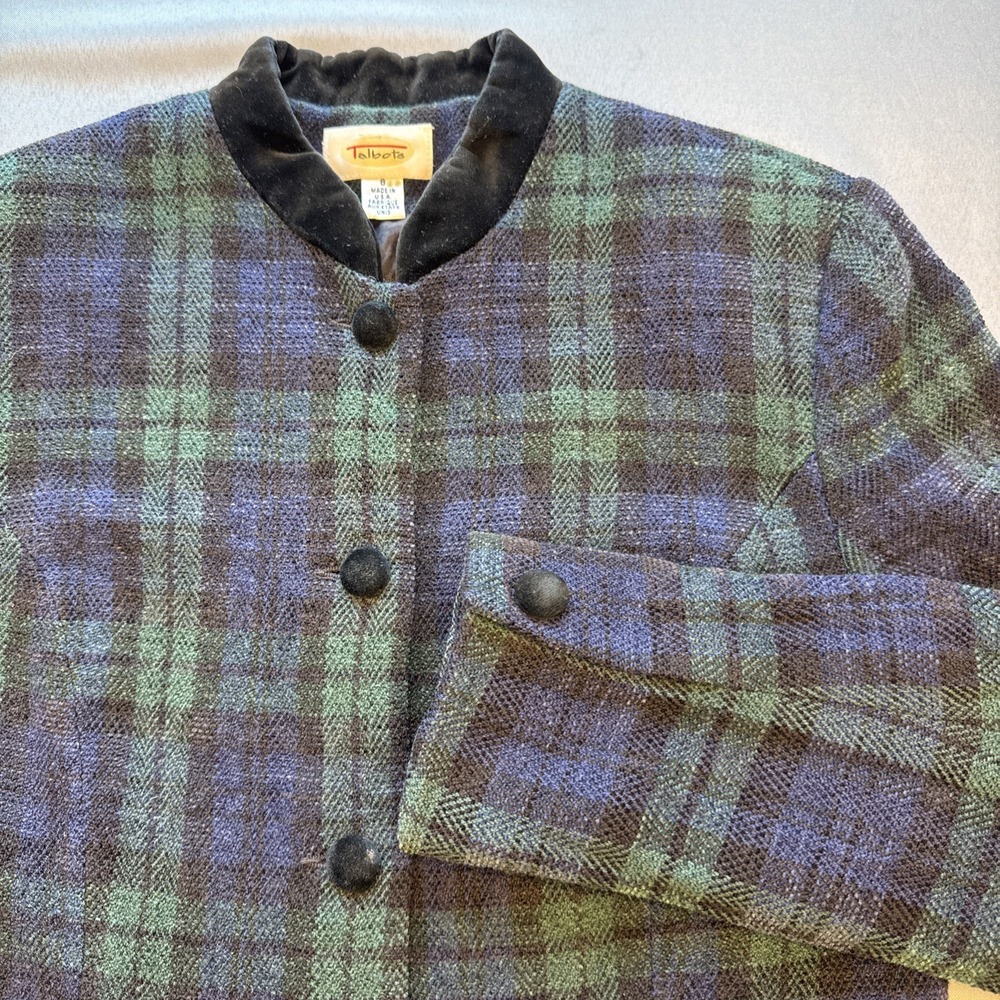 Talbots Tartan Plaid Wool Blend Blazer Classic Navy Green Jacket Velvet Collar 8
